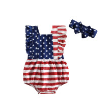 (0-6 Months, Red Blue) Baby Girl 4th of July Outfits, Sleeveless Backless Ruffle Romper with Headband Set