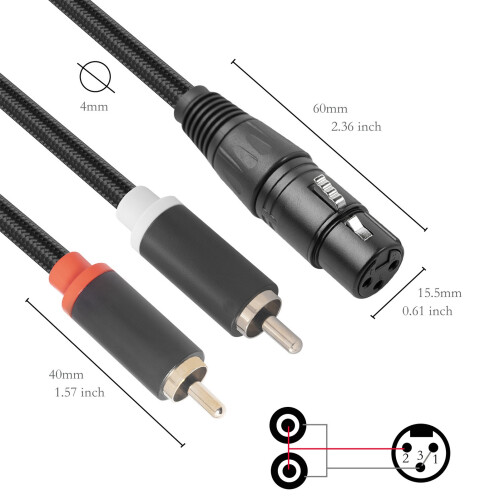 XLR to Dual RCA Cable 1m Black, 2x RCA Outputs 1