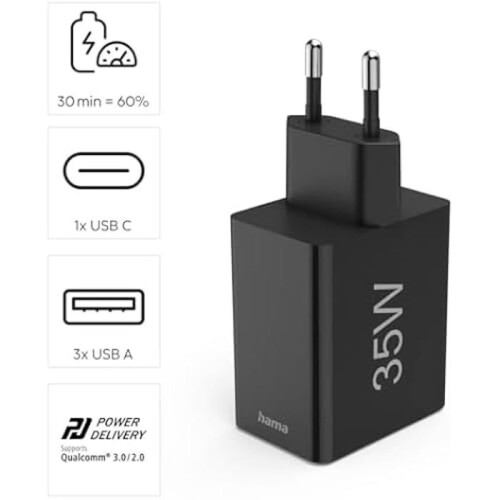 Hama Snellader - Hama - Mini-lader - 1 USB-C PD - 3 USB-A - 35W Zwart 1