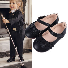 Kids Girls PU Leather Flower Flat Shoes Black Size 21-25