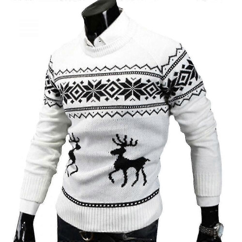 (M,White)Men Christmas Jumper Sweater Pullover Tops 1