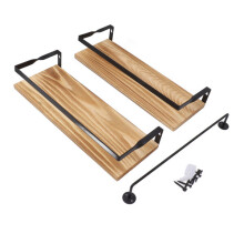 Floating Shelves, Pine Wood and Iron, Wall Mounted 2-Piece Set with Towel Bar for Bathroom Living Room Storage