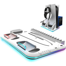 Cooling Stand with Fan Compatible with PlayStation 5, 3-Speed Turbo Cooling, RGB Light Ring Storage for 15 Games