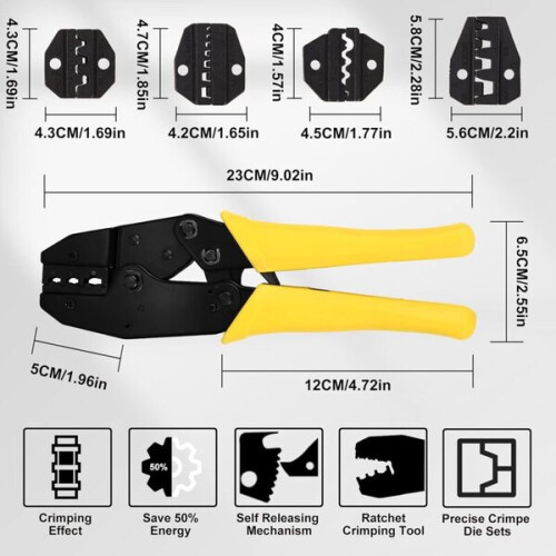 Cable Crimping Tool with 5 Replaceable Blades, Adjustable Clamping Force Ratchet Mechanism, Ergonomic Handle, Includes Screwdriver Case 1