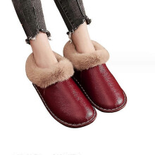(SIZE 25 WOMEN,WINE RED)Genuine Leather Boots Women's Cozy Memory Foam Suede Slippers Fuzzy Plush Fleece Lined Slip On Indoor Outdoor House Shoes