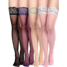 (Purple Pink Black) 4 Pairs Women Thigh High Stocking Silicone Lace Top Stockings Silky Stocking