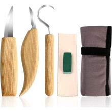 Juego de 5 herramientas para tallar madera, con hojas de acero al carbono y mangos de roble, para tallar, grabar y dar acabado a cucharas y cuencos.