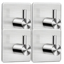 Adhesive Hooks 4 Pack, Stainless Steel Waterproof Wall Hooks, Bathroom Kitchen Cupboard Hooks with Strong Adhesive Tape, No Drilling Required