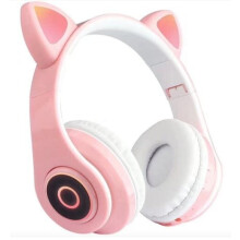 Bluetooth Headphones with LED Light Up Cat Ears, Pink Wireless Kids Headphones with Microphone, Foldable SD Card Playback