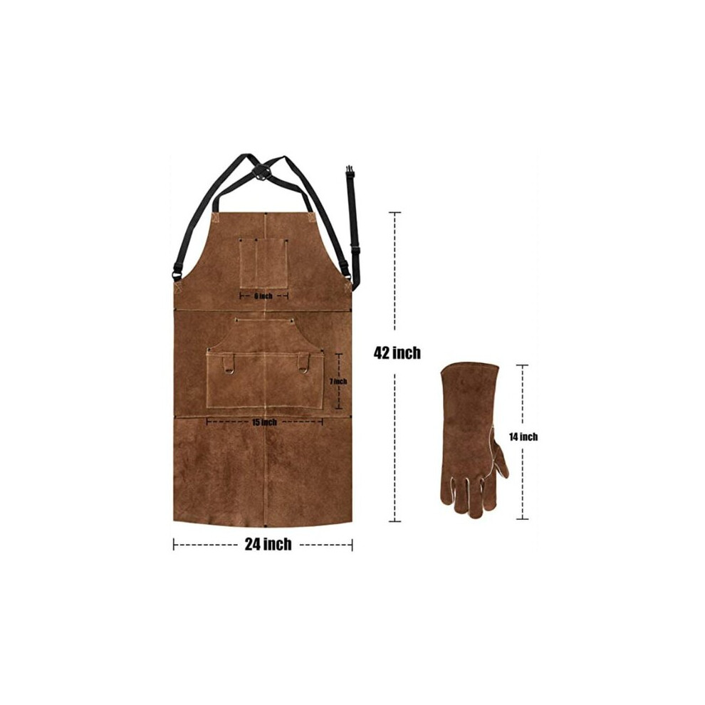Welder's Apron In Fireproof Heat Resistant Leather With 6 Pockets, Adjustable Sizing From M To Xxxl For Workshop And Forging Use 6901508372788