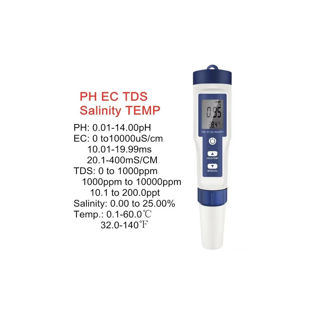Water Quality Tester 5 In 1 With Backlight, Digital Ph Tds Ec Salinity Temperature Metre For Pool Aquarium Water, Model 9909 6901508379237