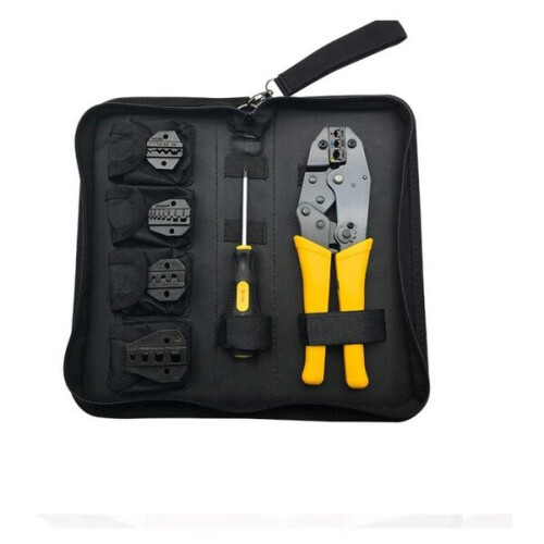 Cable Crimping Tool with 5 Replaceable Blades, Adjustable Clamping Force Ratchet Mechanism, Ergonomic Handle, Includes Screwdriver Case