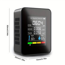 5-in-1 luchtkwaliteitsdetector met realtime monitoring, CO2-, CO-, formaldehyde-, VOC-, temperatuur- en vochtigheidsmeter voor thuis en op kantoor.