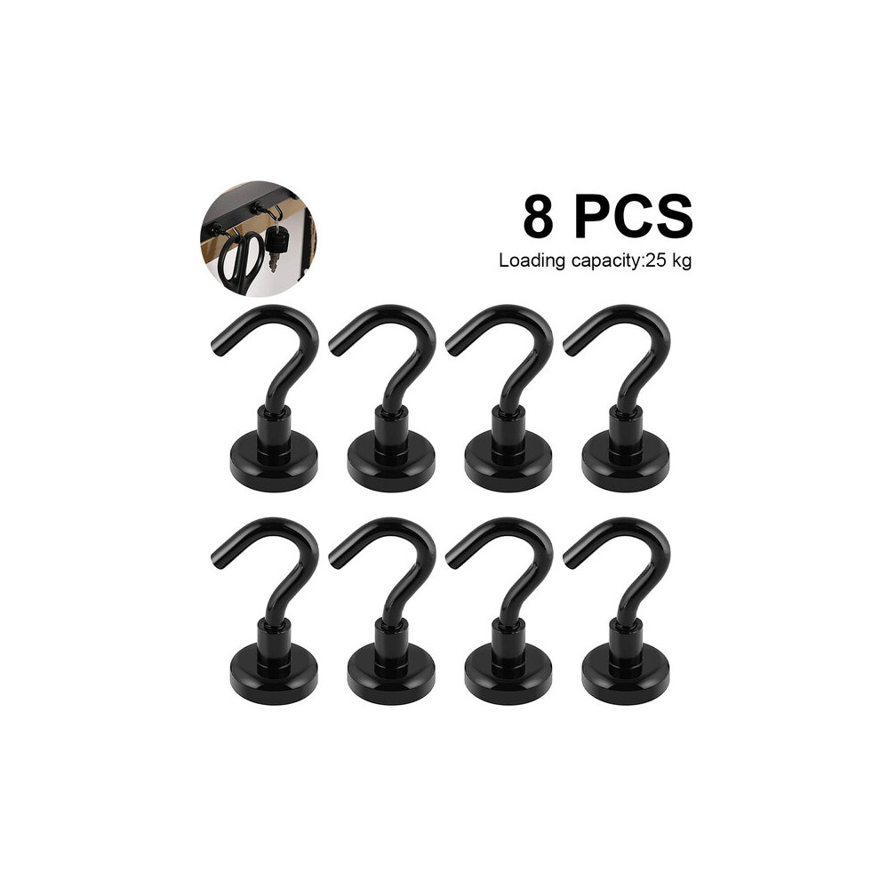 Magnetic Hooks 25Kg Pull Force, 8 Pack Black Neodymium Magnets For Metal Surfaces, No Drilling Required 6901508359543
