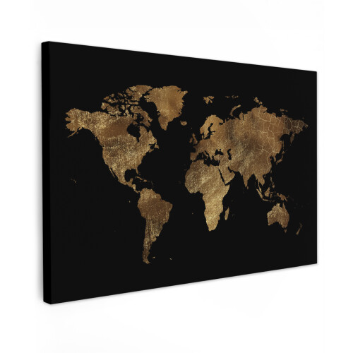 (World map gold-black, 47"x31") Framed Canvas Wall Art