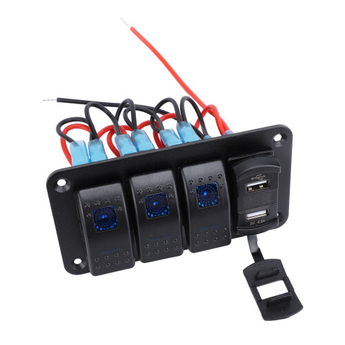 Panneau à bascule 3 interrupteurs 12V/24V avec USB 4,8 A bleu