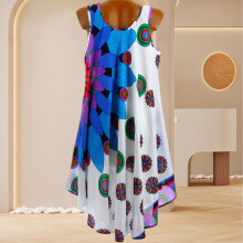 (White, S) Summer Sleeveless Printed Dress Lady Breathable Beach Long Party Dress
 Gift for Christmas Birthday New Year