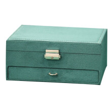 Jewelry Box with Metal Lock, Green Velour Storage Case with Drawer Compartments for Dust Protection