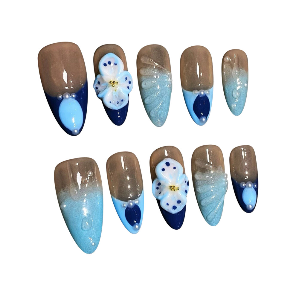 Dcph-Clothing (Xs) 10Pcs Flower Fake Nails, Nude&Blue, Chip-Proof