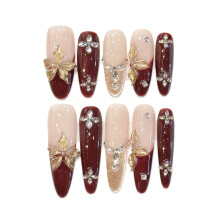 (117 Pointed Slim, S) 3D Gold Foil Press On Nails with Rhinestones, 10Pcs
