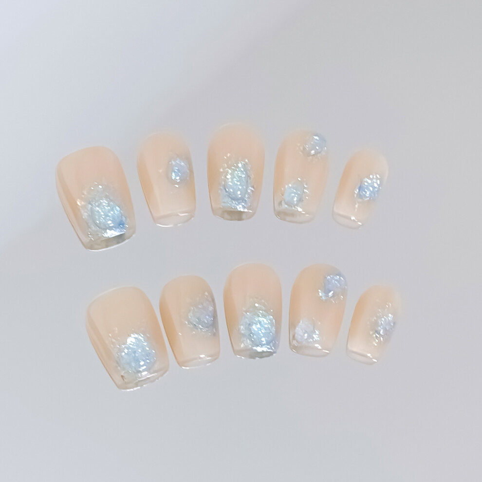 Roc-Electron (Blue Tears - Ultra-Short Ladder) Glitter Press On Nails, Reusable & Long Lasting