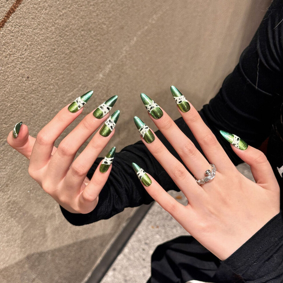 Bright-Home (Xs) Green False Nails With Magic Mirror Powder Durable & Never Splitting Comfort Fake Nails For Hot Girl Dress Matching