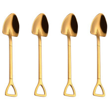 4X Guld Kreativ Rostfritt Stål 304 Liten Spade Sked Design Guldpläterad Servis Kaffesked Glass Soppa Honungssked Delikat Omrörningssked