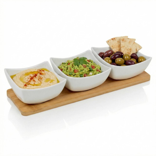 4pc Porcelain Dip Bowls Set Bamboo Tray Square Dish Board