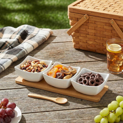 4pc Porcelain Dip Bowls Set Bamboo Tray Square Dish Board 1