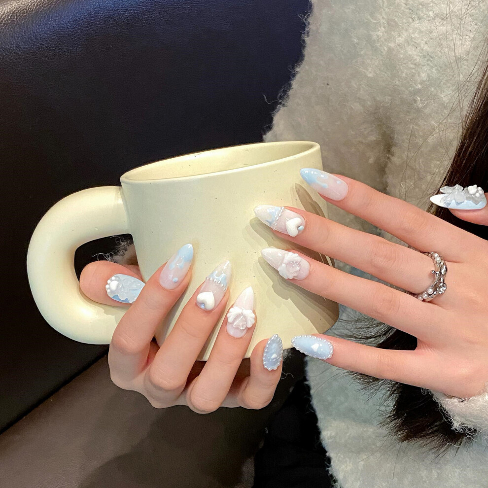 Penghui-Toys (S) Light Blue Fake Nails With Pearls Decor With Harmless And Smooth Edge Nails For Shopping Traveling Dating