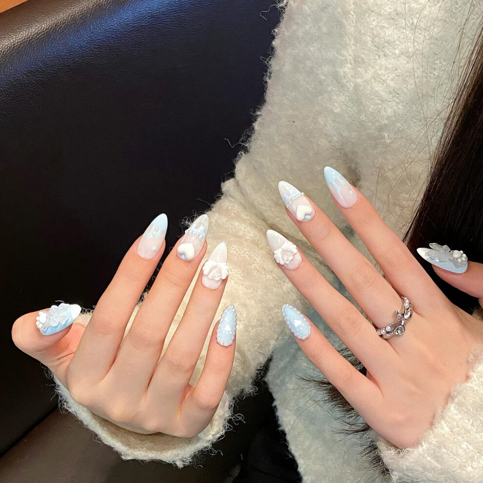 Penghui-Toys (M) Light Blue Fake Nails With Pearls Decor With Harmless And Smooth Edge Nails For Shopping Traveling Dating