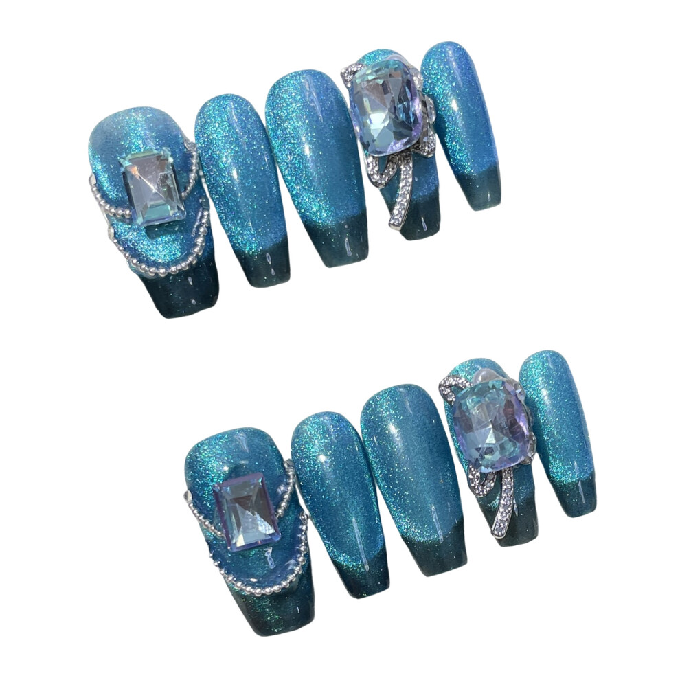 Penghui-Toys (Xs) 10Pcs Blue Cat Eyes Long Press On Nails With Not Easy Break Or Split Design For Women And Girl Nail Salon