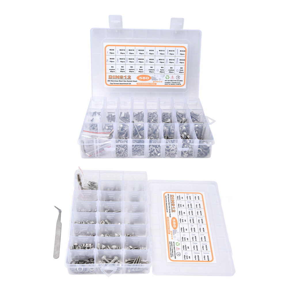 580Pcs Stainless Steel Hex Socket Screws Nuts Washers Kit M2-M5 8171388237417