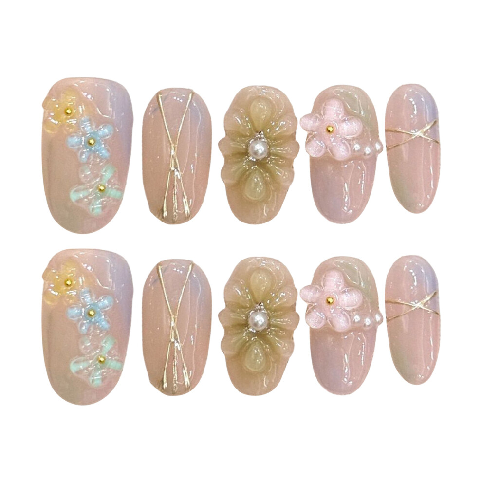 Bright-Home (2904) 10Pcs Smudging Fake Nails With Flower Decor With Natural And Smooth Edge Nails For Shopping Traveling Dating
