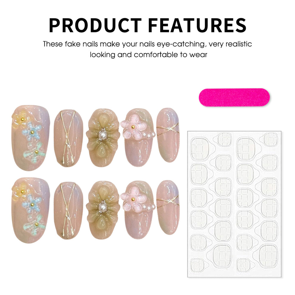 Bright-Home (2904) 10Pcs Smudging Fake Nails With Flower Decor With Natural And Smooth Edge Nails For Shopping Traveling Dating