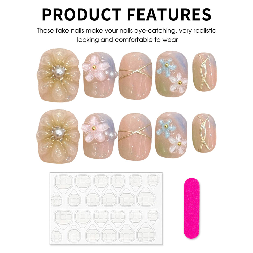 Bright-Home (2902) 10Pcs Smudging Fake Nails With Flower Decor With Natural And Smooth Edge Nails For Shopping Traveling Dating