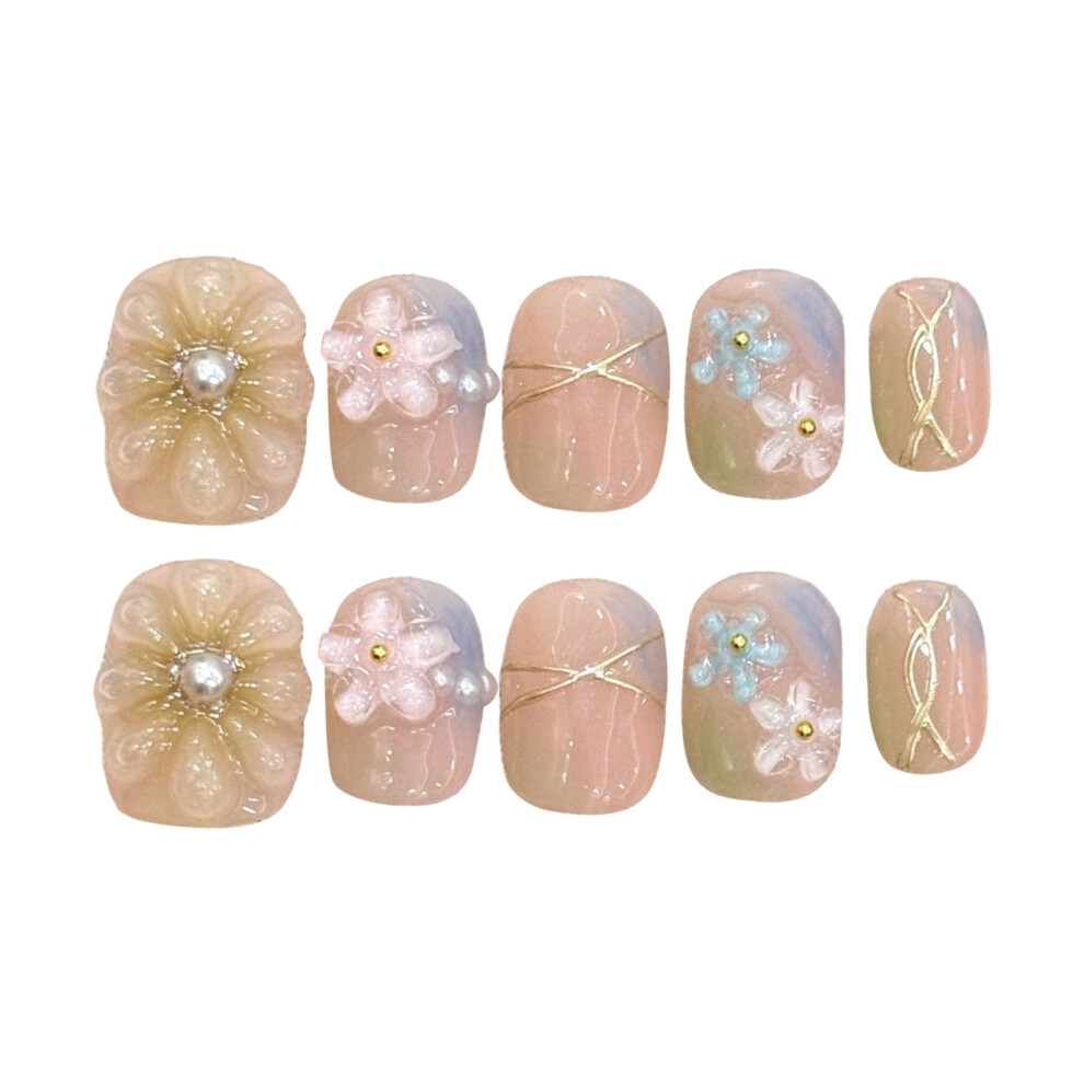 Bright-Home (2902) 10Pcs Smudging Fake Nails With Flower Decor With Natural And Smooth Edge Nails For Shopping Traveling Dating