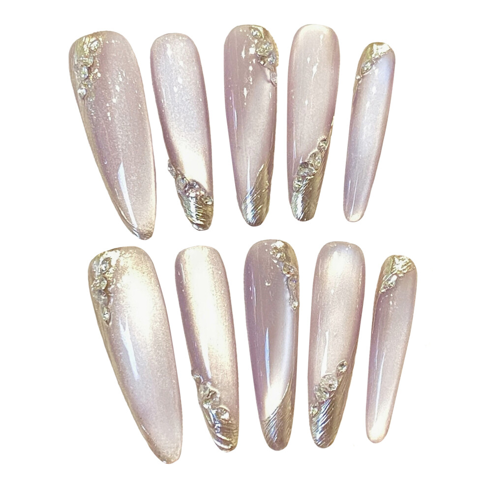 Bright-Home (L) Light Violet Long Fake Nails With Rhinestone Odorless Provides A Comfortable Experience For Daily And Parties Wearing