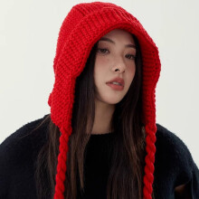 (red) Womens Red Beanie Hat Knitted Soft Warm Winter Hat with Ear Flap Thick for Cold Weather