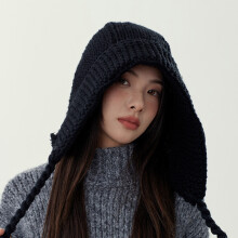 (Black) Womens Red Beanie Hat Knitted Soft Warm Winter Hat with Ear Flap Thick for Cold Weather