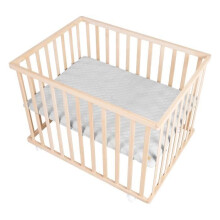 ROBA Babypark 75 x 100 cm aus massivem Buchenholz Bio + grauer, wasserabweisender Teppich + 4 Rollen mit Bremsen - höhenverstellbar - natur