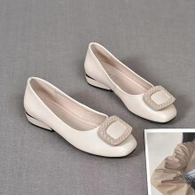 (Creamy White, 37) Mother\'s Slip-Ons Loafers Breathable Solid Color Shoes with Square Buckle for Autumn Spring Early Summer