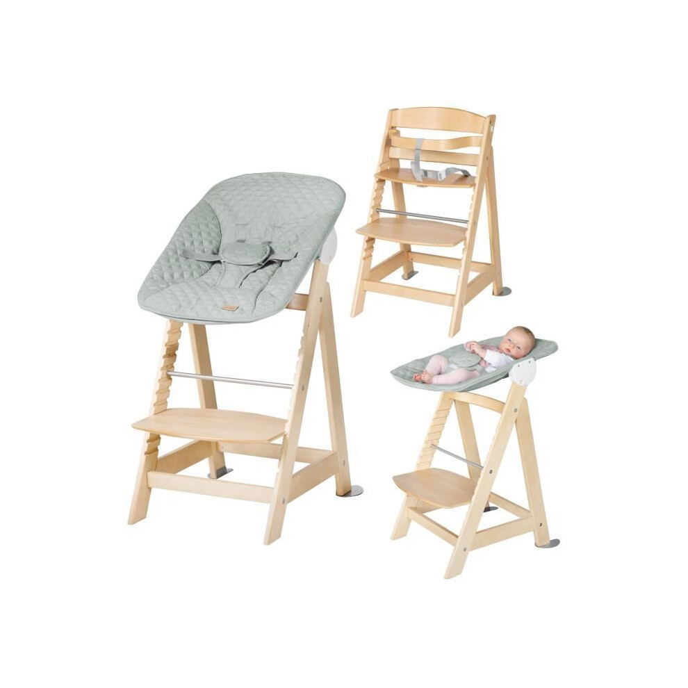 Roba 2-In-1 Adjustable High Chair - Born Up - Inclineable Green Frosted Bouncer 'Roba Style' Included - Natural Wood