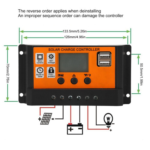 3-Stage LCD Solar Charge Controller 10A 12/24V 1
