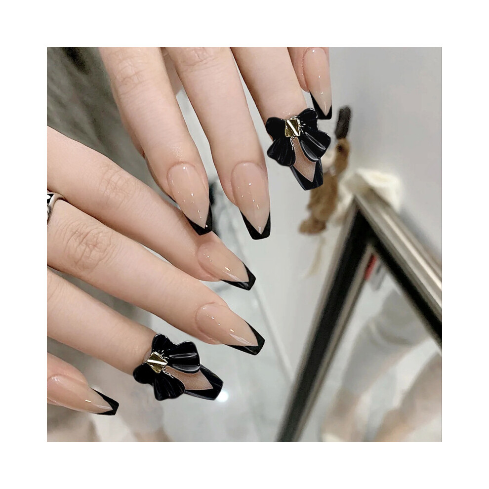 Dachuang Beauty 24Pcs Black Butterfly False Nails - Long Wear Manicure Patch