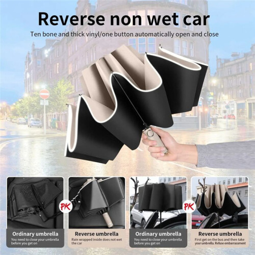 Fully Automatic Reverse Folding Umbrella with Windproof Reflective Stripe UV Umbrellas for Carabiner Handle Travel,C 2