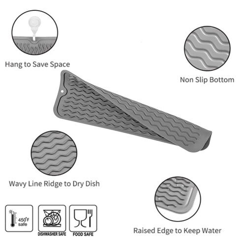 Dish Drying Mat for Multiple Usage, Easy Clean, Eco-Friendly, Heat-Resistant Silicone Mat for Kitchen Counter Grey-B 2