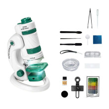 Kids Science Microscope Kit 60-180X Educational Pocket Handheld Phone Microscope with LED Light White+Green