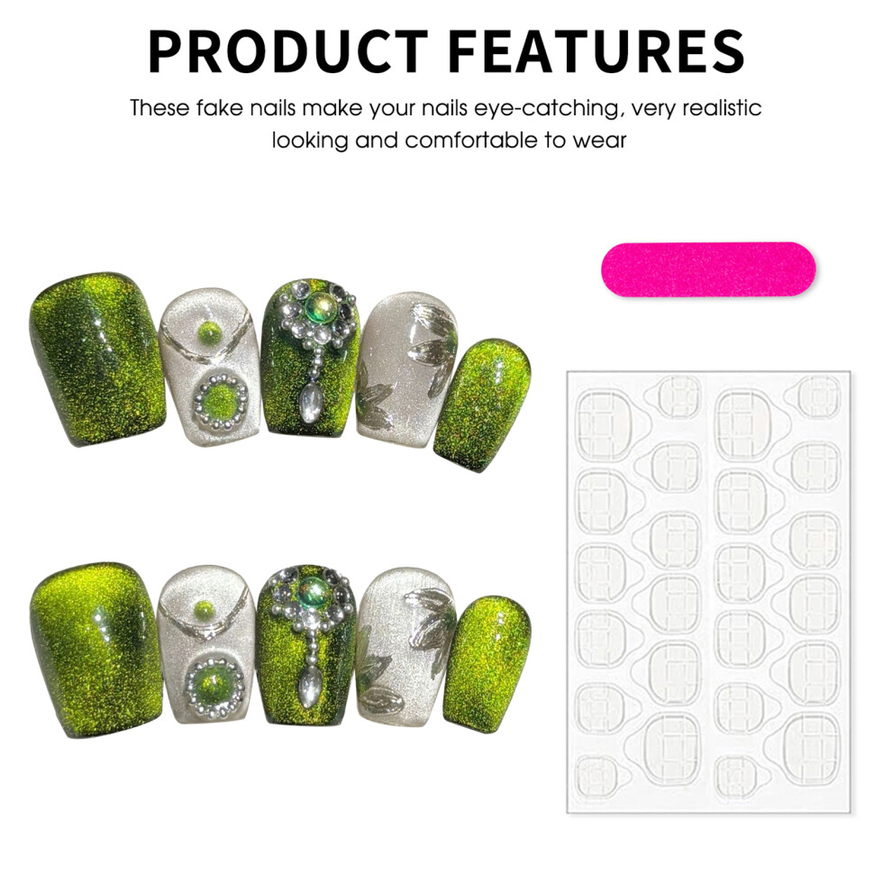 Penghui-Toys (S) Green Cat Eyes Square Press On Nails No Bad Smell Environmentally Friendly For Women Nail Art Decoration