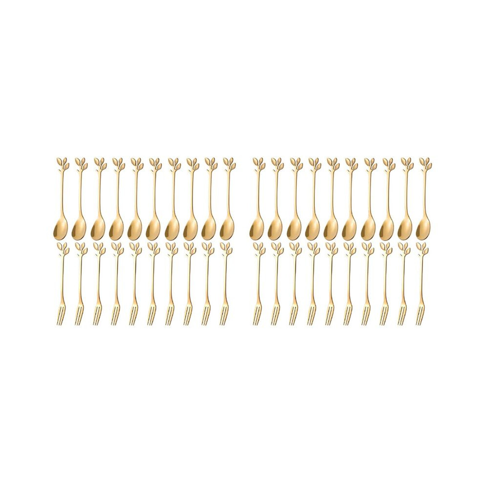 Semoic Gold Dessert Spoon Fork Set,40 Pcs 4.7 Inch Cake Fork,Coffee Spoon, Leaf Fruit Fork,(10 Spoon + 10 Fork)